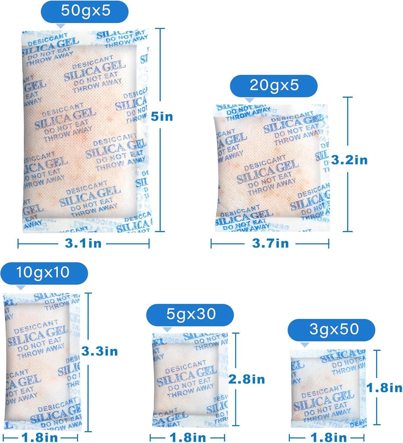 LotFancy Silica gel Desiccant, Assorted Sizes (3/5/10/20/50 Gram) Silica Gel Packets, 100Packs Total, Rechargeable Desiccant Packets with Orange Color Indicating, Food Safe