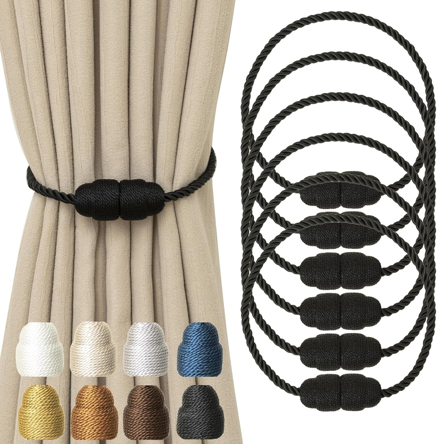 Magnetic Curtain Tiebacks Rope Curtain Tie Backs for Curtains 6 Pack Curtain Holders for Drapes Decorative Window Curtain Holdbacks, Black