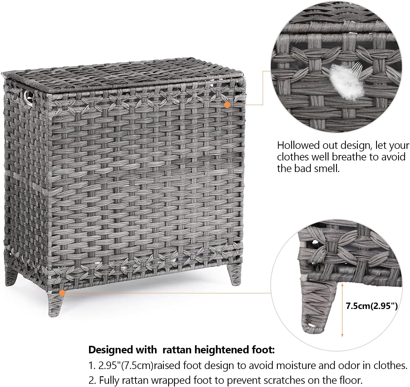 Laundry Hamper with 3 Removable Liner Bags; 132L Handwoven Rattan Laundry Basket with Lid & Heightened Feet; Clothes Hamper with Side Handles; Laundry Sorter with 3 Separate Sections (Gray)