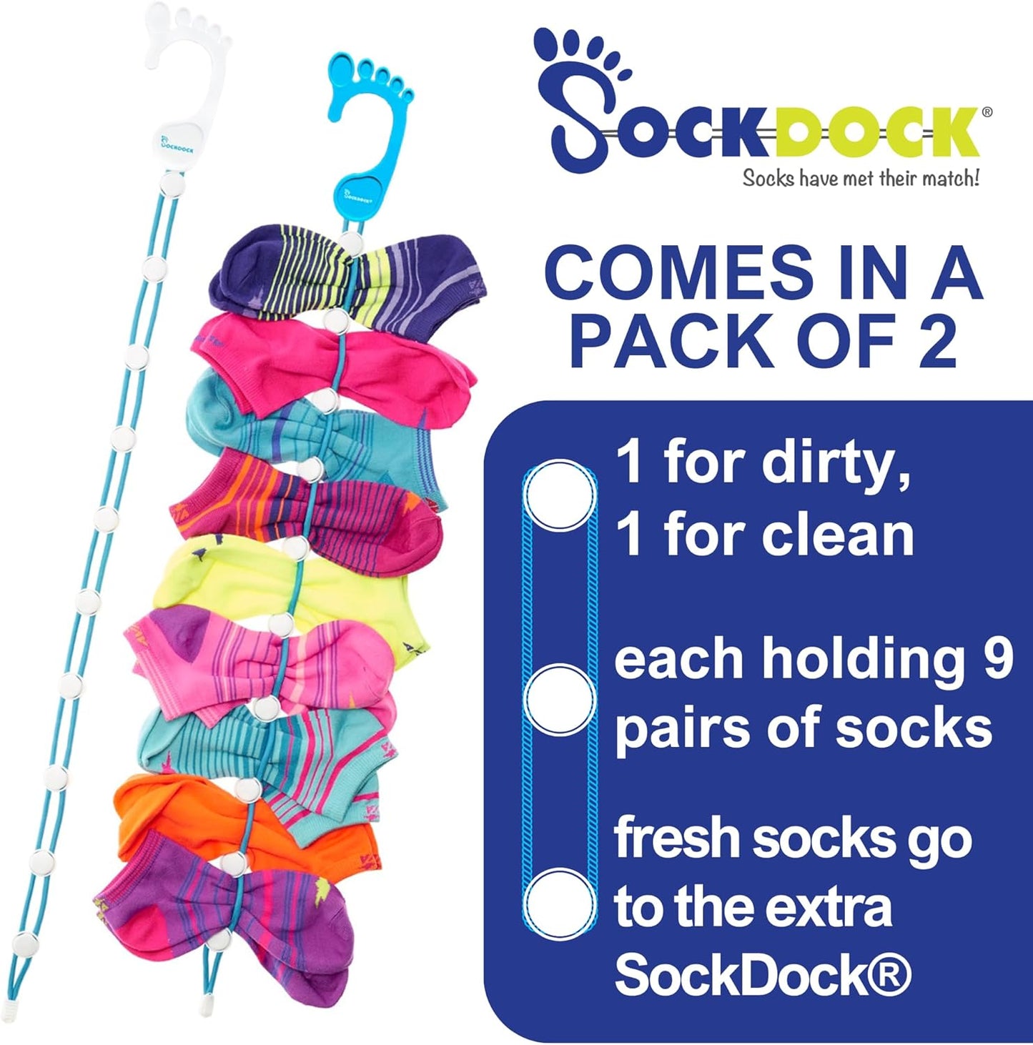 Sock Laundry Solution for Washing Drying & Storing Socks in Pairs, Clip & Hold Socks in Washer Dryer & Closet 2-Pack