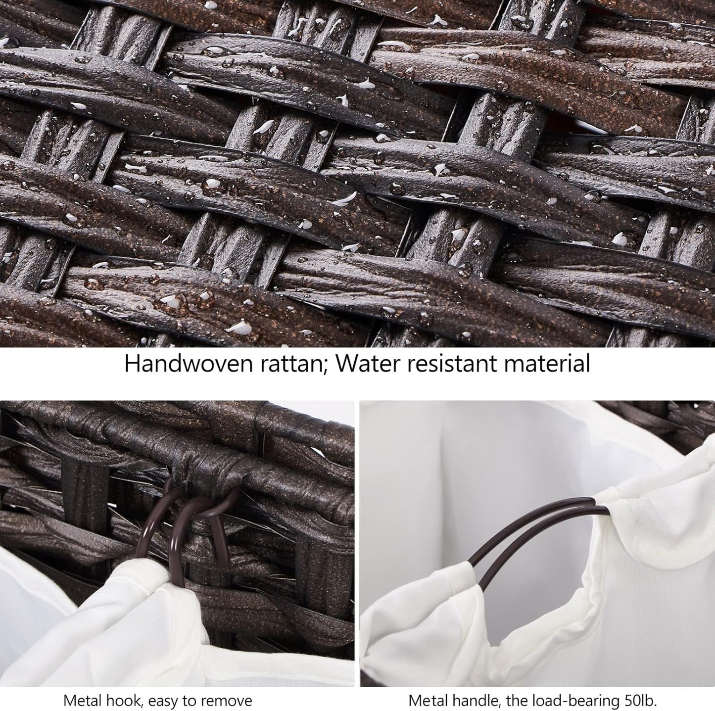 Laundry Hamper with 3 Removable Liner Bags; 132L Handwoven Rattan Laundry Basket with Lid & Heightened Feet; Clothes Hamper with Side Handles; Laundry Sorter with 3 Separate Sections (Brown)