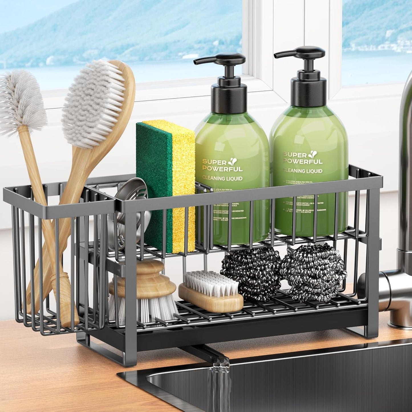 Sponge Holder for Kitchen Sink, 2 Tier Sink Caddy Organizer Countertop with Dish Brush Holder and 360° Drain Tray, Rustproof Stainless Steel Dish Soap Storage Rack Set for Accessories Grey