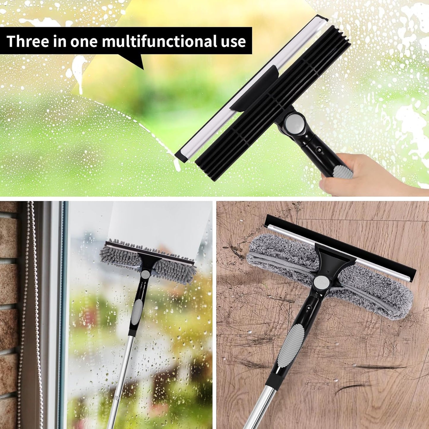 Professional 72'' Window Squeegee Cleaning Washing Tool/Kit with Extension Pole, 3 in 1 Squeegee for Window Cleaning Kit for High Window with 1 Rotatable Head 4 Interchangeable Scrubber
