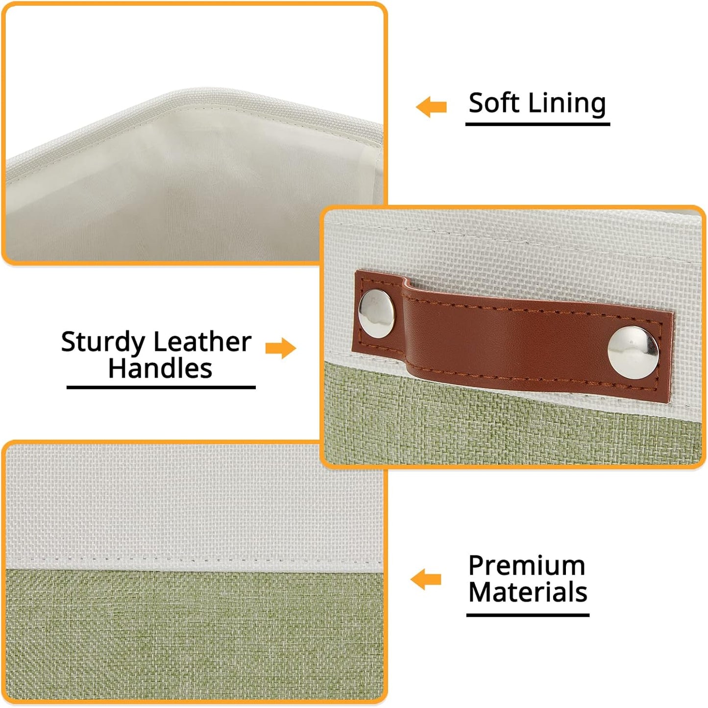 DULLEMELO Small Storage Basket, Fabric Collapsible Gift Storage Basket for Shelves, Closets, Nursery, Home, Office Organizing, Small Canvas Linen Rectangular Storage Bin with Handles (White&Green)