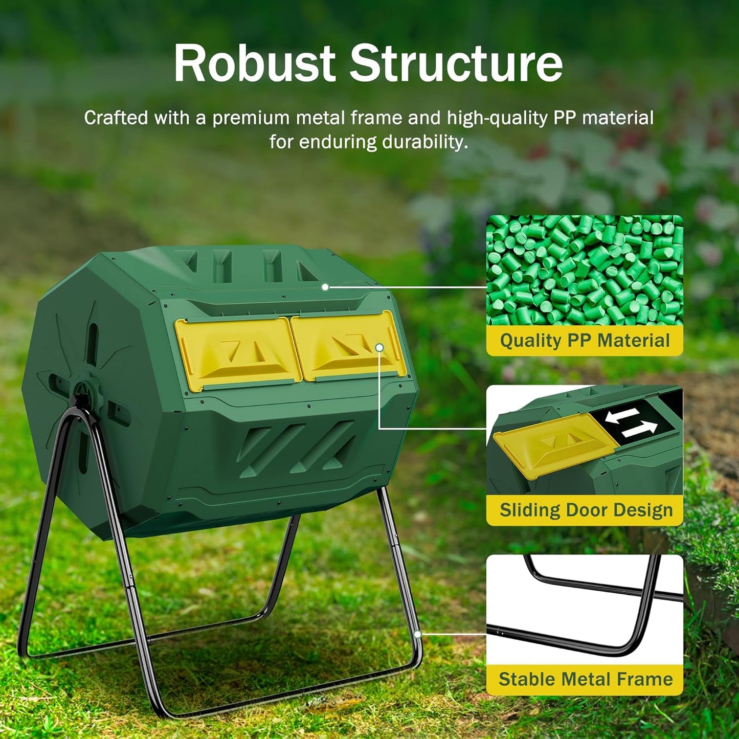 43 Gallon Outdoor Dual Chamber Tumbling Composter - BPA Free, Rotating Compost Bin with Sliding Doors & Steel Frame for Garden/Yard