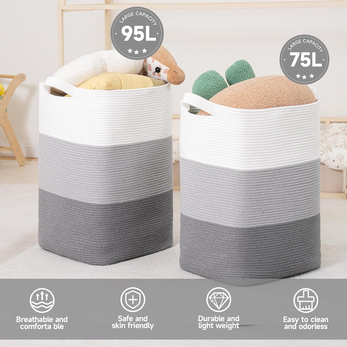 CLHMILY&Z 95L Laundry Basket Rectangular Grey Rope - 16x15x24 Inches - Dirty Clothes and Soft Storage Bin for Blankets, Toys, and Nursery Essentials