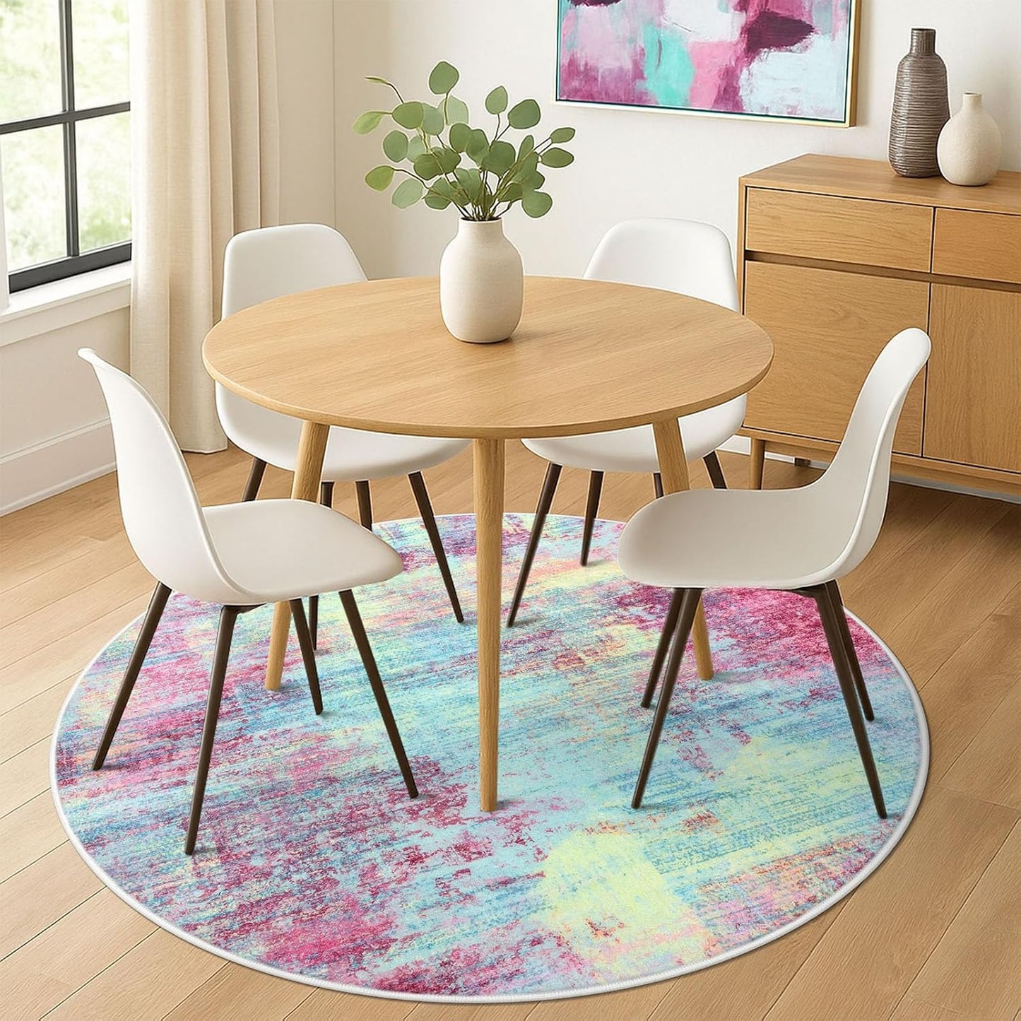 IOHOUZE Abstract Round Area Rug 6 Ft Washable Circle Rugs Large Round Rug Non Slip Thin Soft Circle Rugs, Printed Faux Wool Floor Carpet for Bedroom Living Room Dining Room Nursery, Pink Teal