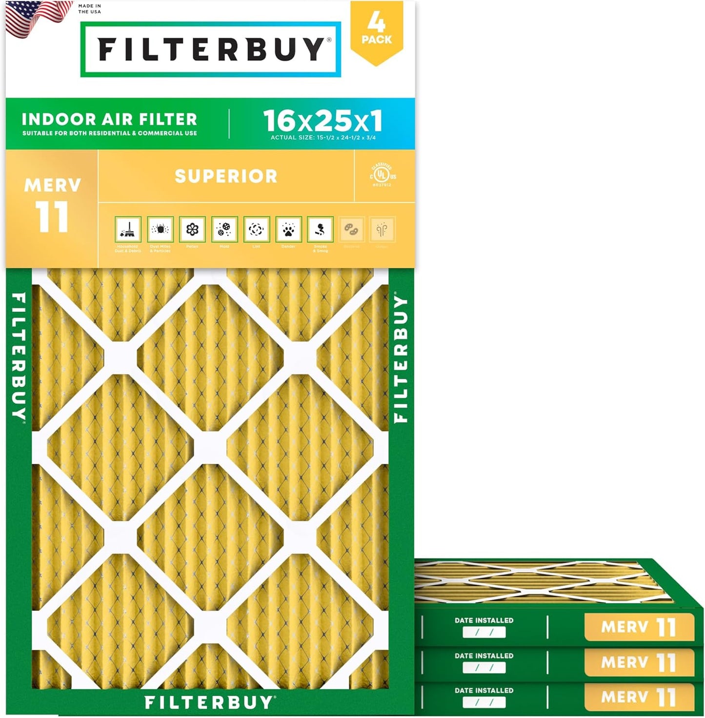 Filterbuy 16x25x1 Air Filter MERV 11 (MPR 1200) Allergen Defense Replacement (4-Pack), Electrostatic Pleated HVAC AC Furnace Filters, Made in USA (Actual Size: 15.50 x 24.50 x 0.75)