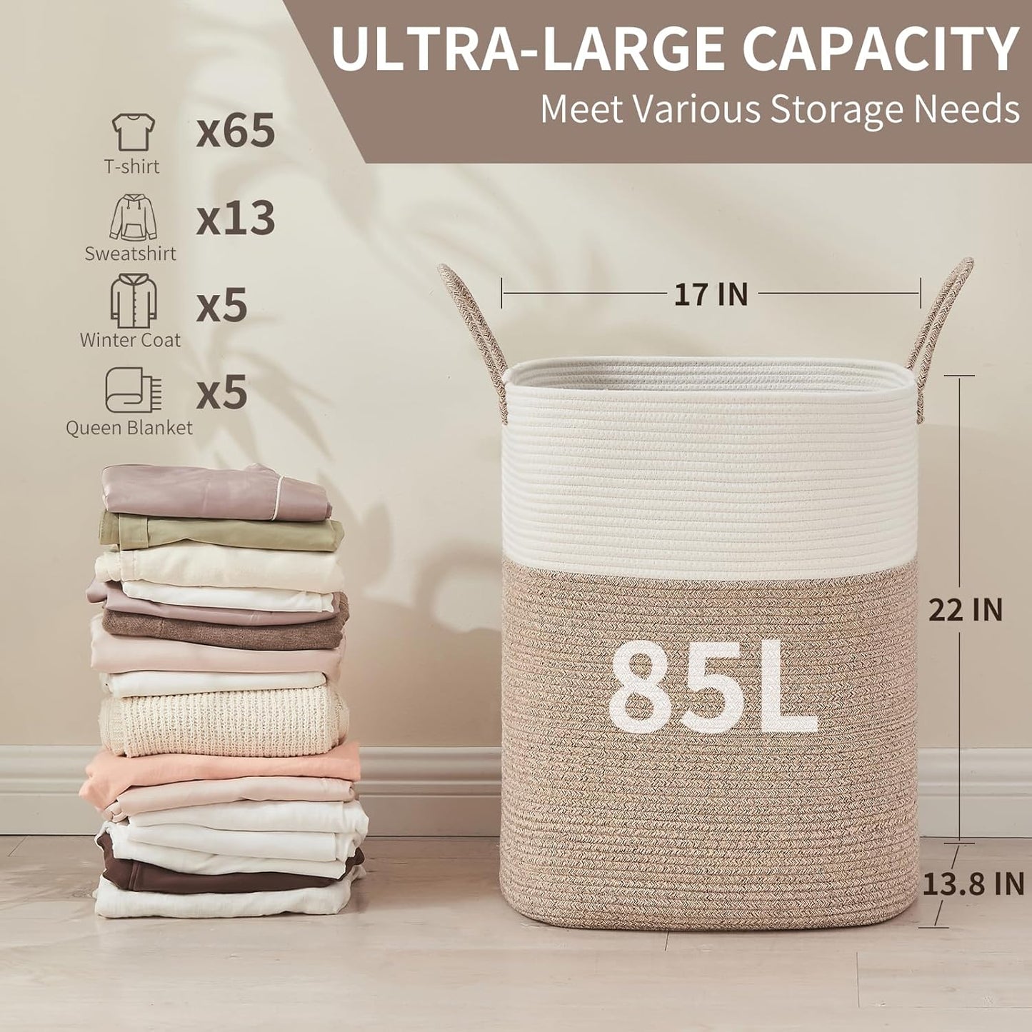 Laundry Basket with Handles - Blanket Basket & Hampers for Bedroom Aesthetic, Laundry Hamper & Blanket Storage for Living Room, Clothes Hamper, Tall, Large 17" x 14" x 26”, White & Rice Brown