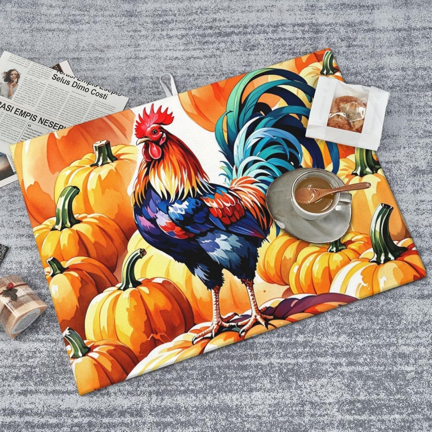 Rooster Pumpkin Dish Drying Mat Highly Absorbent Double-Sided Microfiber with Hanging Loop Reversible Drain Dish Rack Mat Drain Mat Suitable for Kitchen Countertop Coffee Bar 18 x 24 Inch