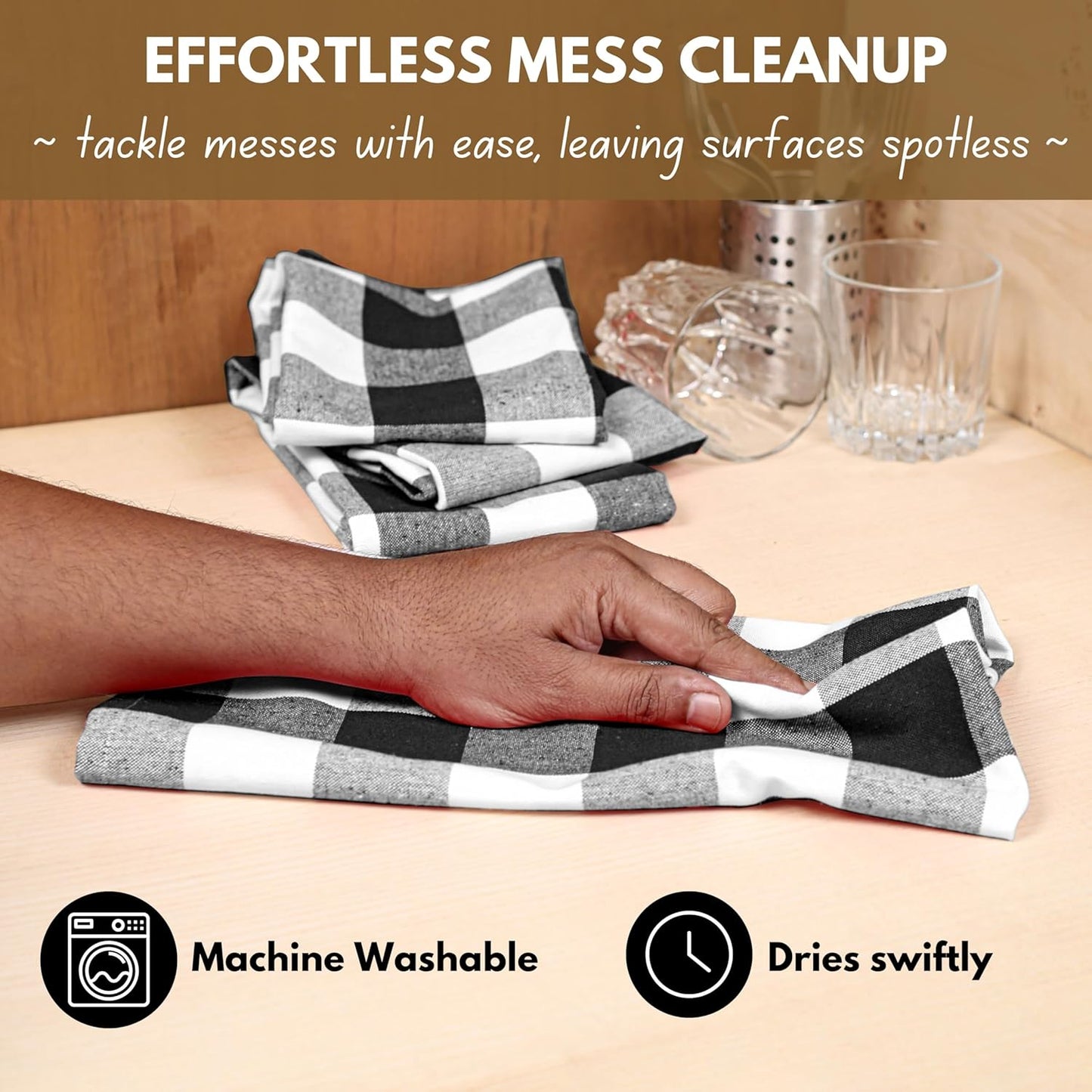 Native Fab 12-Pack Kitchen Towel with Hanging Loop 16x26 inches, Cotton Buffalo Check Kitchen Towels for Cleaning Drying, Washcloths Soft & Absorbent Cloth Rags, Bar Towel, Dish Cloth, Black