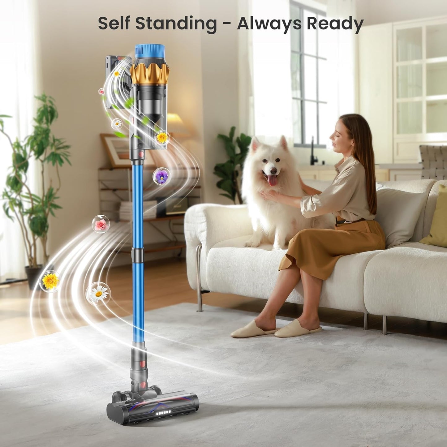 Cordless Vacuum Cleaner, 580W 48KPA 70 Mins Vacuum Cleaners for Home, Self-Standing Cordless Vacuum with Charging Dock Station, LED Display, Upgraded Anti-Tangle Stick Vacuum for Pet Hair/Carpet/Floor