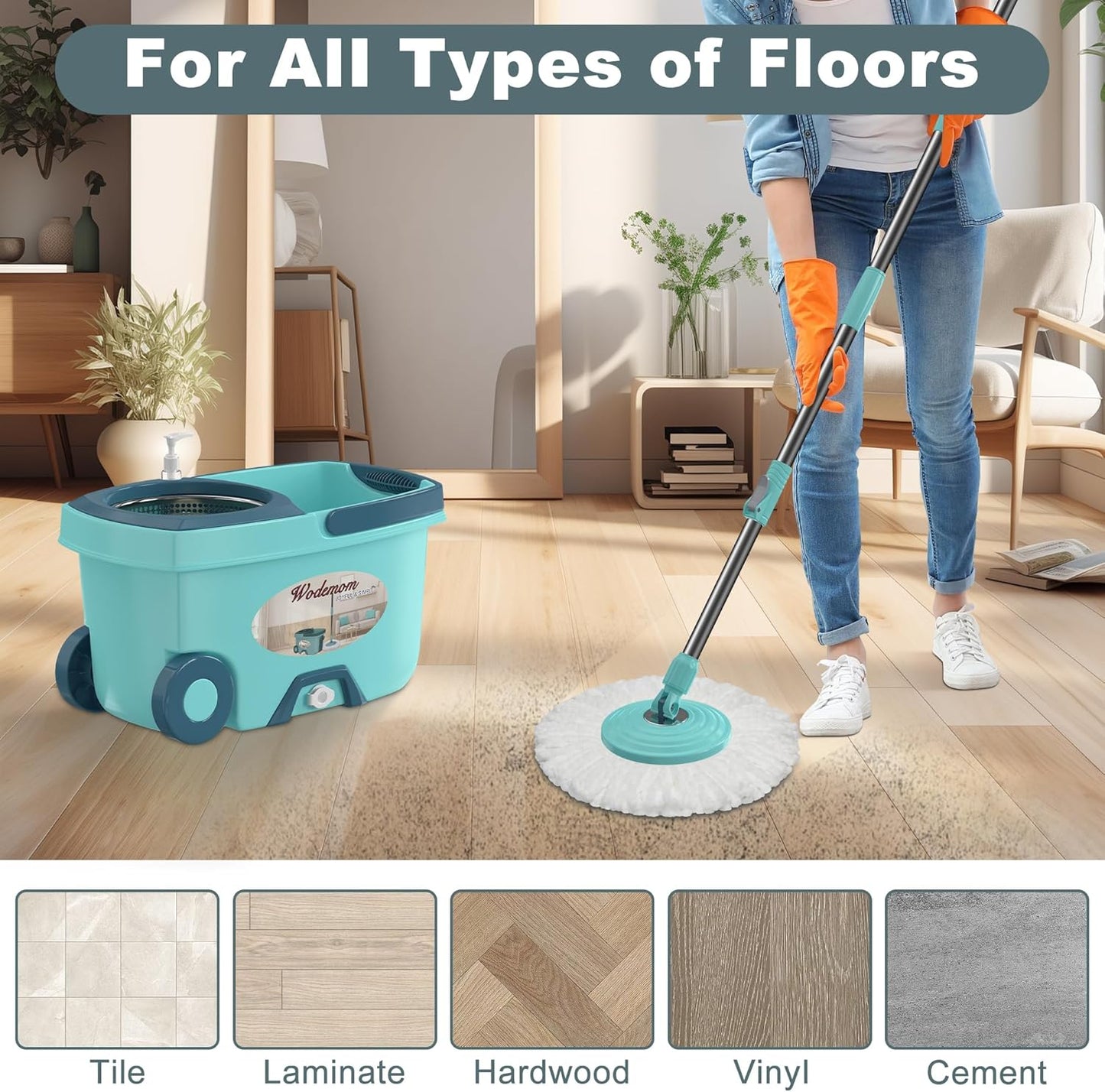 Spin Mop and Bucket System, Mop and Bucket with Wringer Set,Mops for Floor Cleaning,Household Supplies Tools with 6 Replacement Refills,61" Extended Handle for Household Hardwood Floor - Green