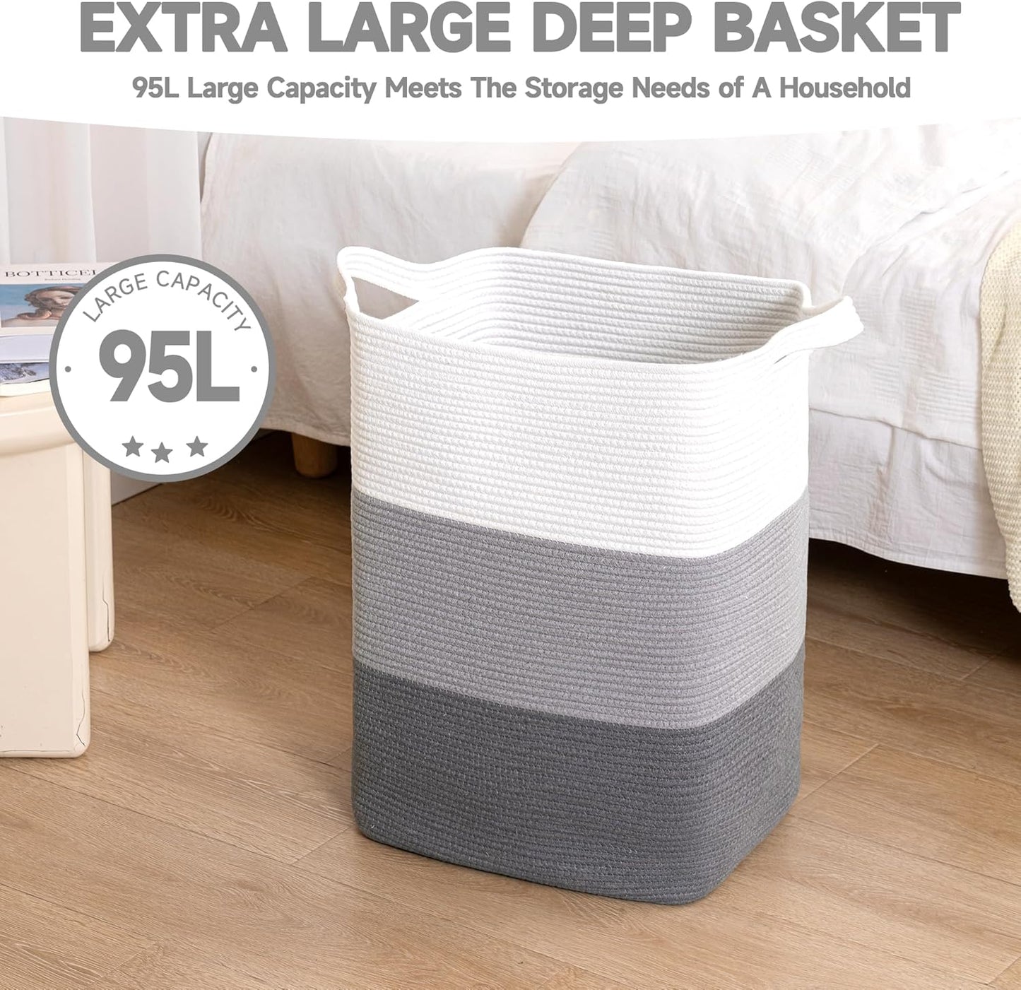 CLHMILY&Z 95L Laundry Basket Rectangular Grey Rope - 16x15x24 Inches - Dirty Clothes and Soft Storage Bin for Blankets, Toys, and Nursery Essentials