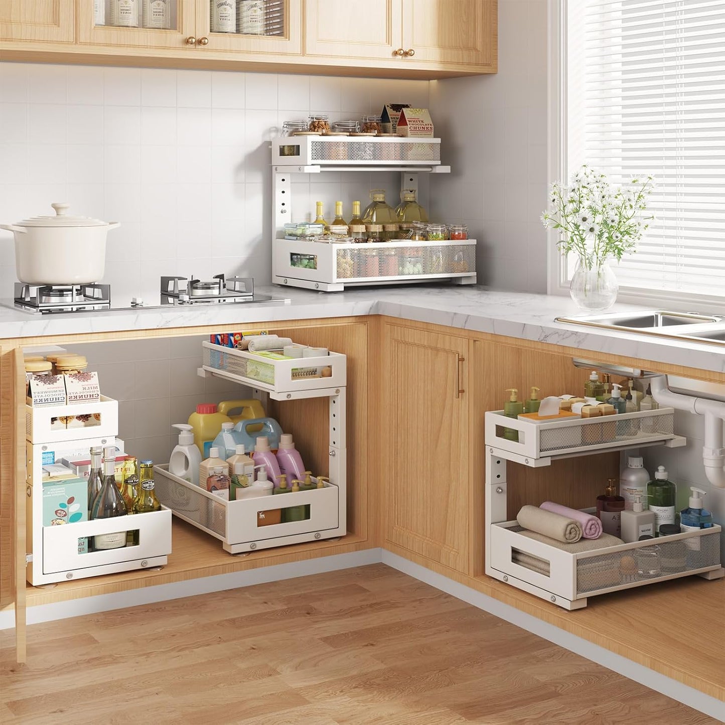 2-Pack Under Sink Storage Organizer, Large 2-Tier Elegant Mesh Pull Out Shelf for Kitchen and Bathroom Cabinet Organization, L-Shaped and Adjustable Height Design for Maximum Space Efficiency-White