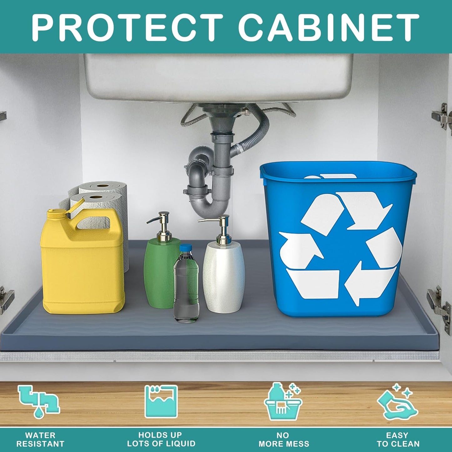 URMONA Waterproof Silicone Under Sink Mat 22'' x 14'' Shelf Liner for Kitchen and Bathroom, Cabinet and Counter Protector, Storage and Organizers, Litter Mat, Pet Cat Puppy Essentials(Black)