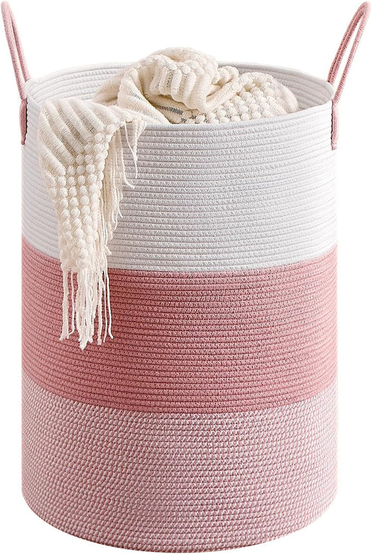 CLHMILY&Z 100L Laundry Basket Round Storage Rope Basket - 18.1x24 Inches - Pink Hamper in Bedreoom and Cute Storage Bin for Blankets, Toys, and Nursery Essentials