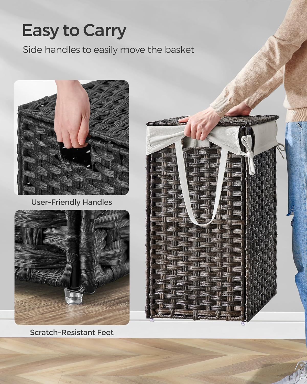 SONGMICS Laundry Hamper with Lid, 23.8 Gallon (90 L) Synthetic Rattan Clothes Laundry Basket with Lid and Handles, Foldable, Removable Liner, Chestnut Brown ULCB051K02