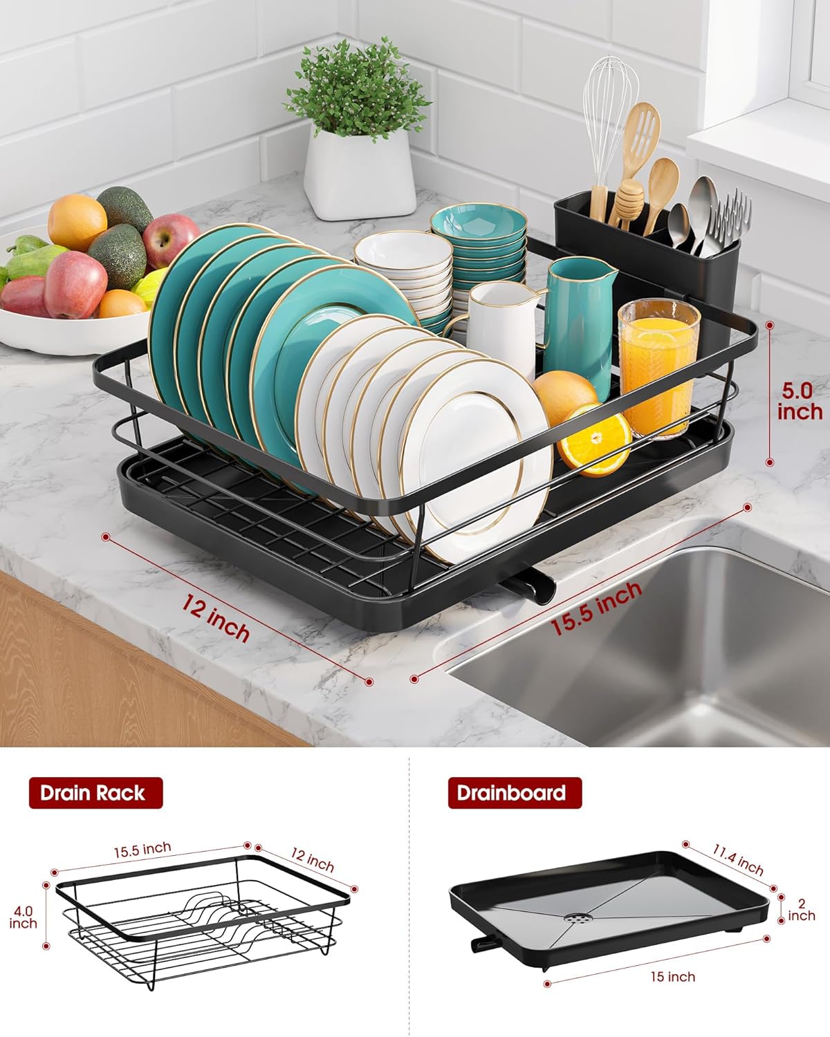 Stainless Steel Dish Drying Rack for Kitchen Counter, Sink Organization and Storage Essentials with Silverware & Utensil Holder, Home and Apartment Decor, 12''W x 15.6''L, Black