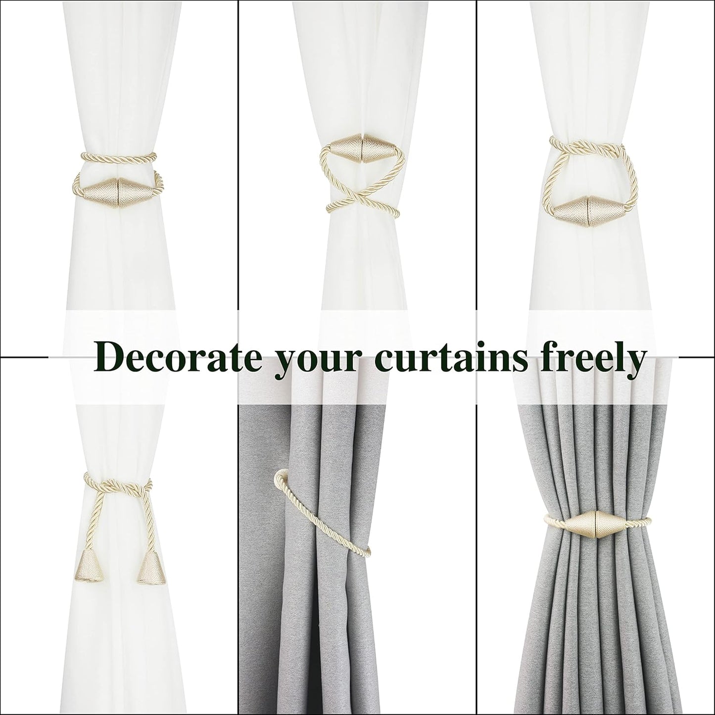 4 Pack Magnetic Curtain Tiebacks Rope Modern Handmade Curtain Tie Backs Decorative Drapes Weave Holdbacks for Window Décor, Beige