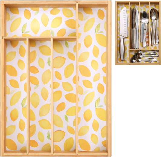 Kitchen Drawer Organizer - Silverware Organizer for Kitchen Organization & Storage, Utensil Holder & Bamboo Organizer for Kitchen Drawers, Kitchen Essentials, 5-Slot, Lemon Print