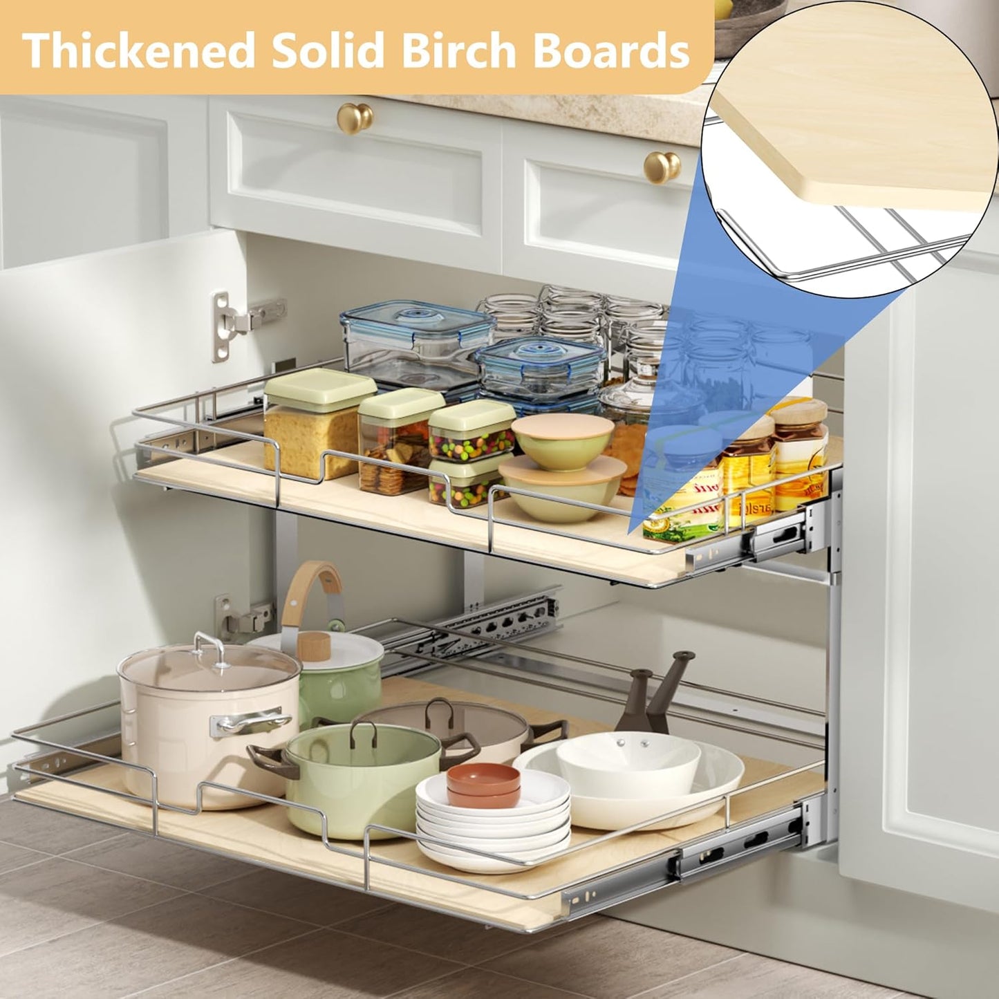 ROOMTEC 2 Tier Individual Pull Out Cabinet Organizer 25½"W x 21½"D, Slide Out Wood Shelves Organizers, Pull Out Drawers Organization and Storage for Kitchen Cabinet