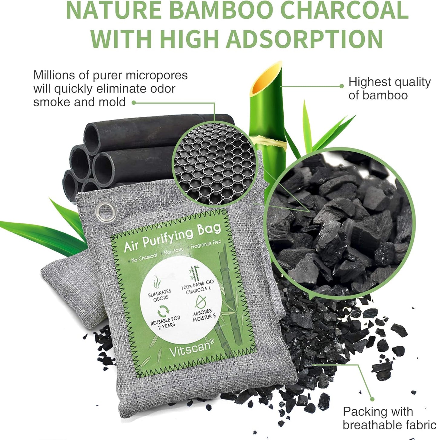 8 Pack Bamboo Charcoal Air Purifying Bag, Activated Charcoal Bags Odor Absorber, Moisture Absorber, Natural Car Air Freshener, Shoe Deodorizer, Odor Eliminators For Home, Pet, Closet, Car