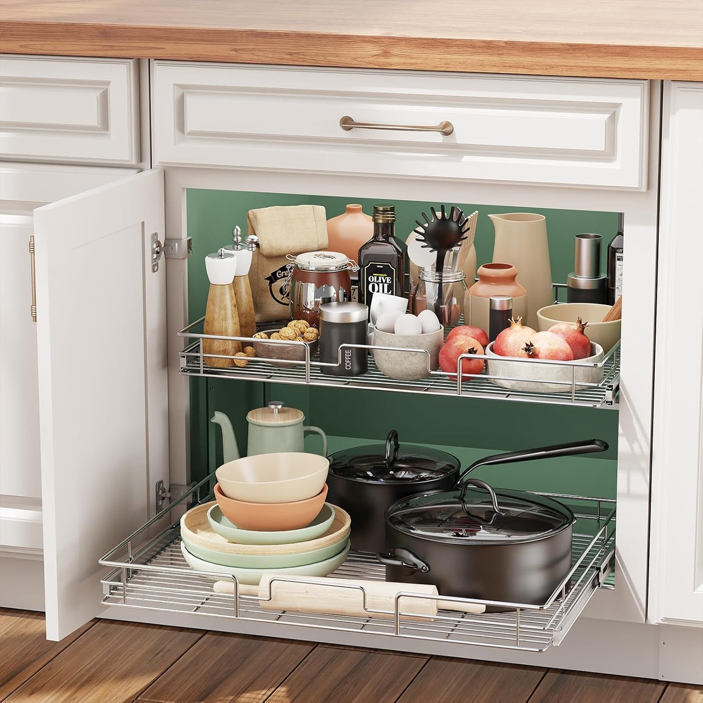 LOVMOR 2 Tier Individual Pull Out Cabinet Organizer 27" W x 21½" D, Slide Out Kitchen Cabinet Storage Sliding Shelves