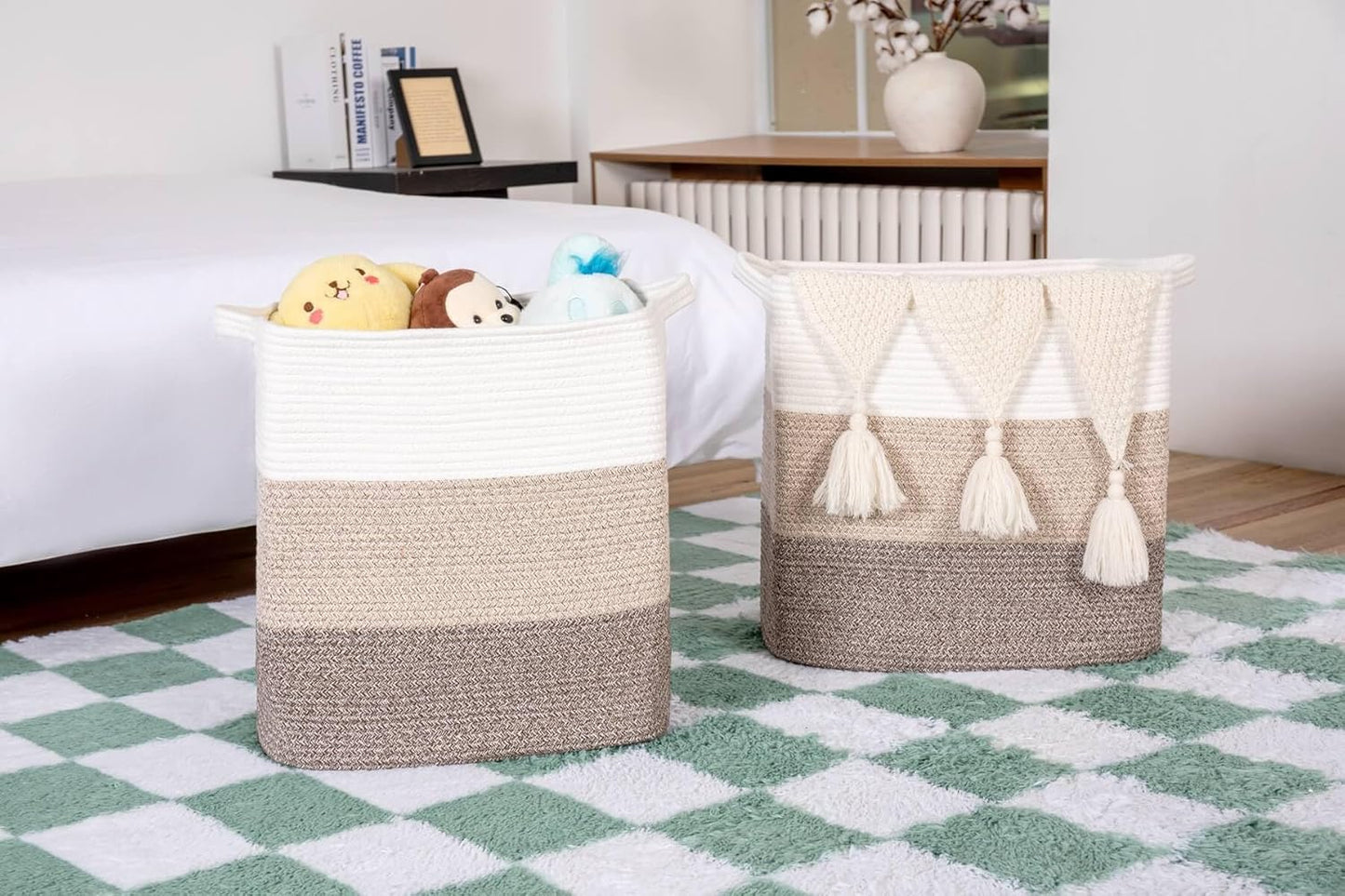 Storage Baskets for Clothes Fabric Cotton Rope Storage Basket with Handles, Decorative Woven Basket for Living Room,Closet Organizer Blankets, and 2bags (Gradient Brown, L17.8×W12.5×H17.9)