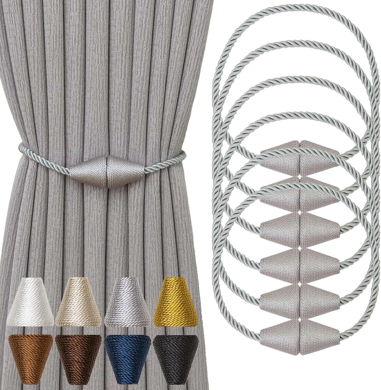 Magnetic Curtain Tiebacks 6 Pack Outdoor Rope Curtain Tie Backs Decorative Window Treatment Holdbacks for Home Decorative Curtain, Grey