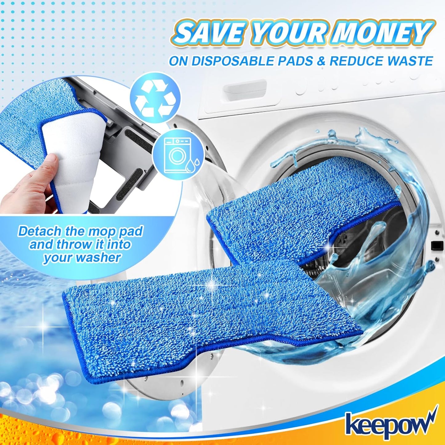 KEEPOW Reusable Mop Pads Refills, Replacement Pads Compatible with Shark Vac Mop VM252 VM200 VC205 VM250 /QM250 VM190, Hardwood Floor Mop Pad with Upgraded Dirt Chamber, Blue (1+2+3 Pads)