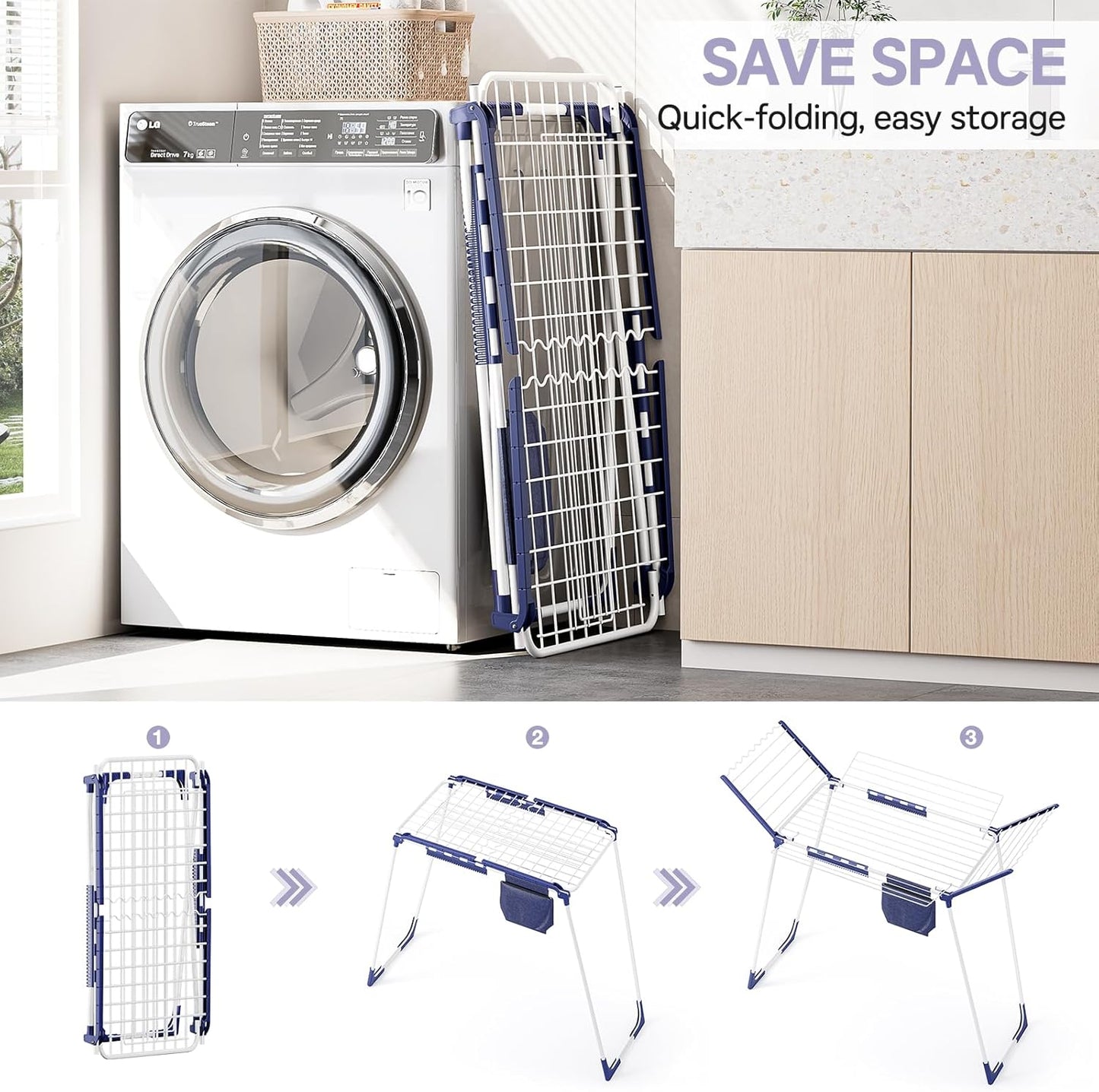 APEXCHASER Clothes Drying Rack Foldable, Drying Rack Clothing Large Space, Winged Laundry Rack with Sock Clips for Hanging Towels Clothes Dress Bedding Indoor Outdoor, White