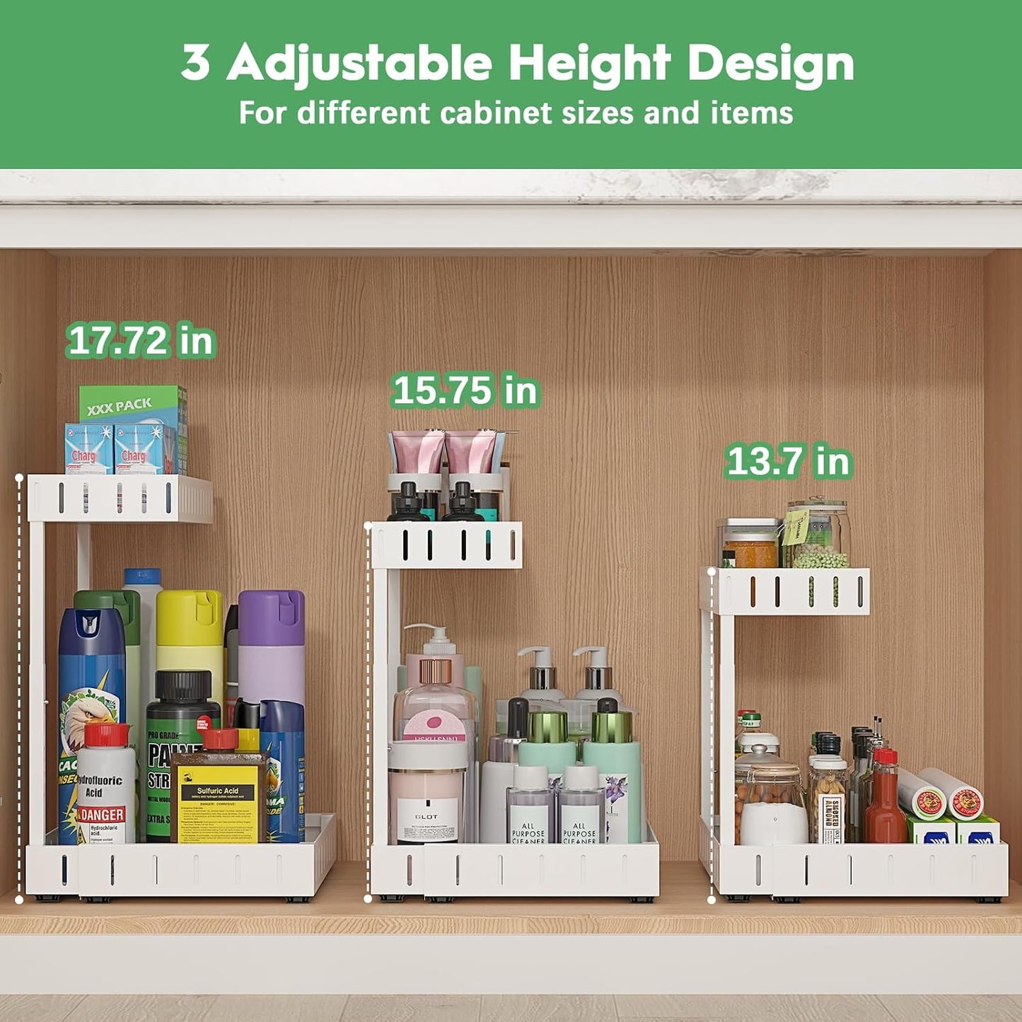 REALINN Under Sink Organizer, 2 Tier Expandable Under Cabinet Organizer, Heights Adjustable Pull Out Storage for Kitchen Bathroom Laundry, White, 2 Pack