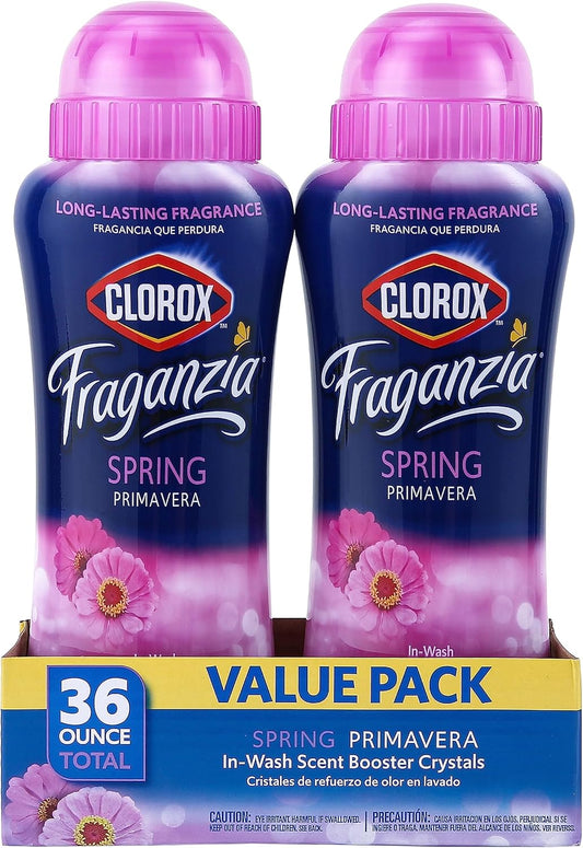 Clorox Fraganzia Laundry Scent Booster Crystals in Spring Scent - Scented In-Wash Freshener Beads for Fresh, Clean, Great Smelling Clothes and Linens, 18 Oz - 2 Pack
