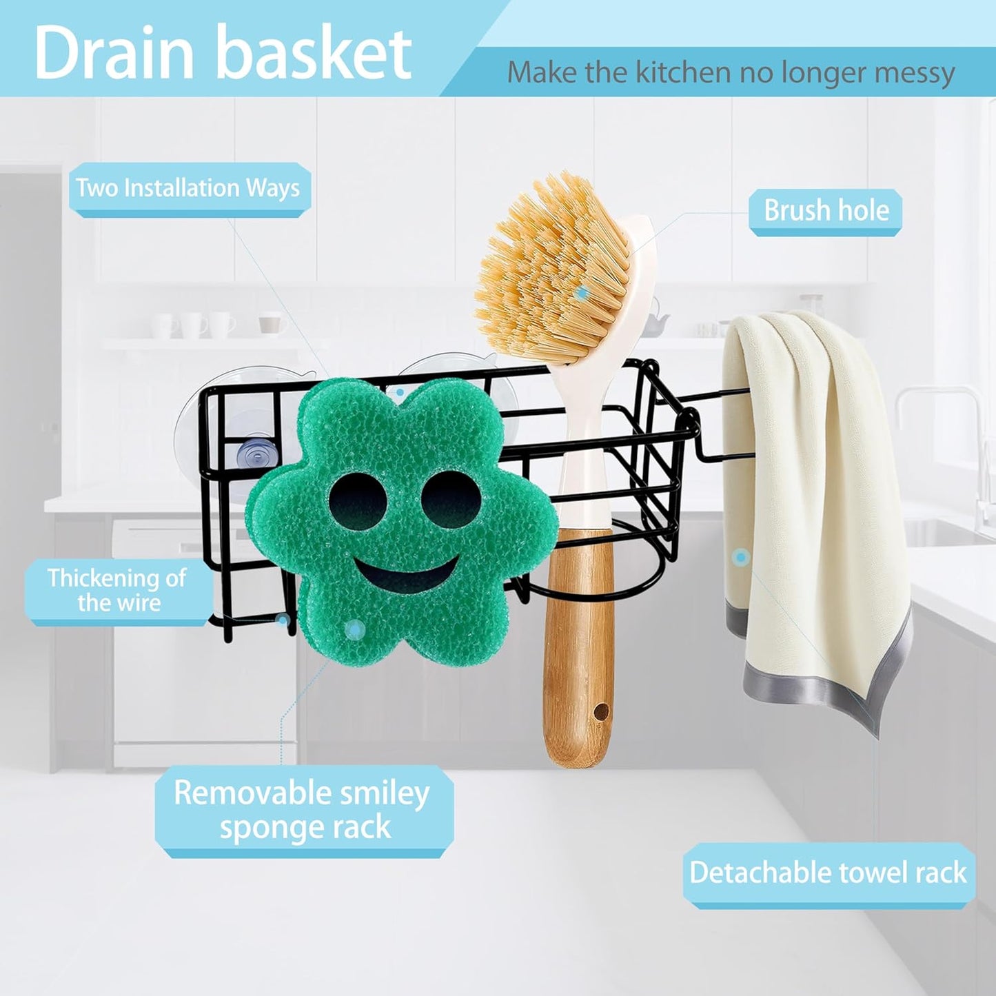 Sponge Holder Smile Face with Dish Cloth Hanger for Kitchen Sink, in-Sink Caddy Organizer with Suction Cups & Adhesive Strips, Rustproof Sponge Rack for Soap, Brush, Scrubber - Black（2 Pack）