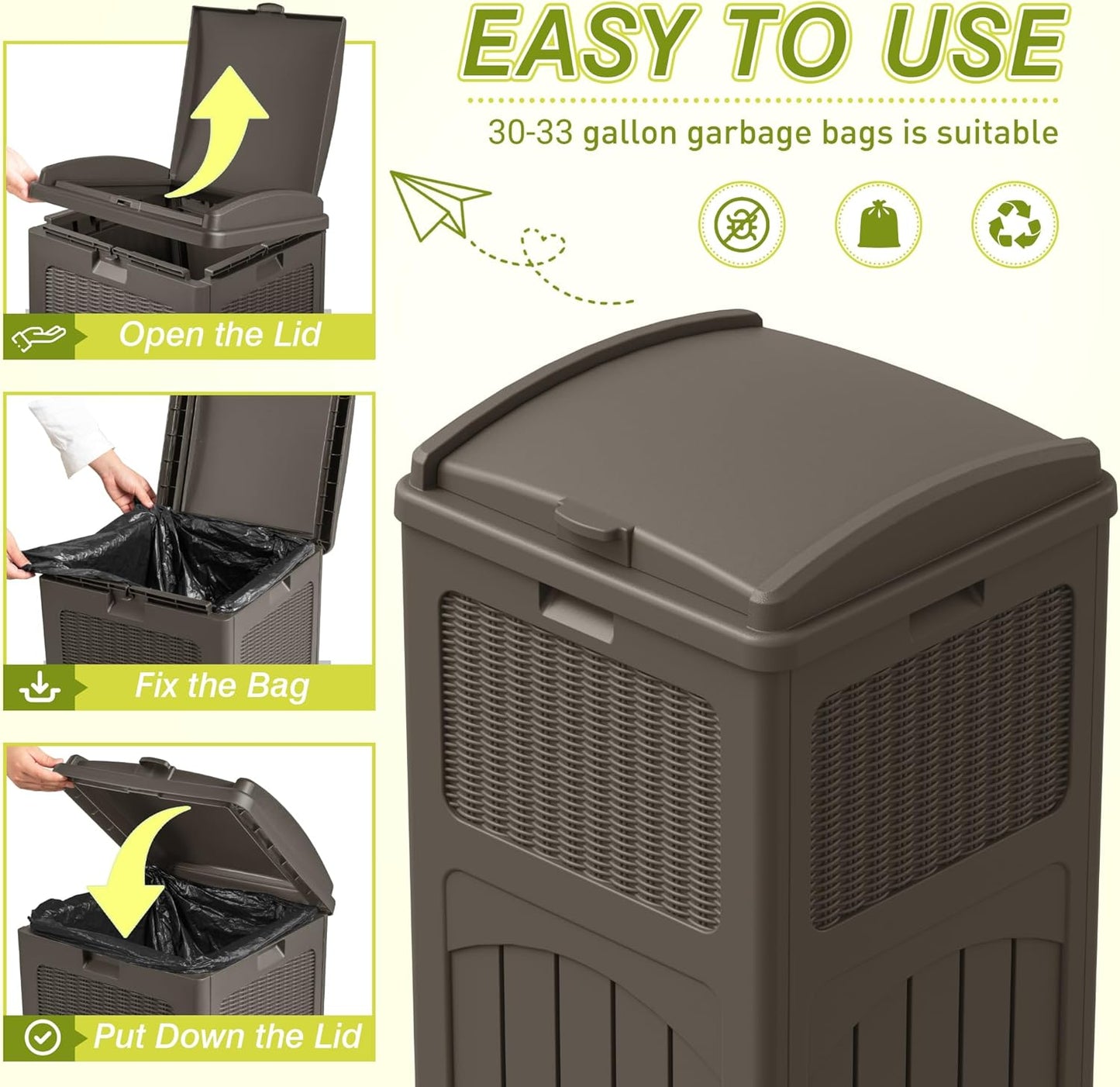 Greesum 33 Gallon Outdoor Trash Can with Lid, Waterproof Resin Garbage Bin for Hideaway, Deck, Patio, 3 Pack, Dark Brown