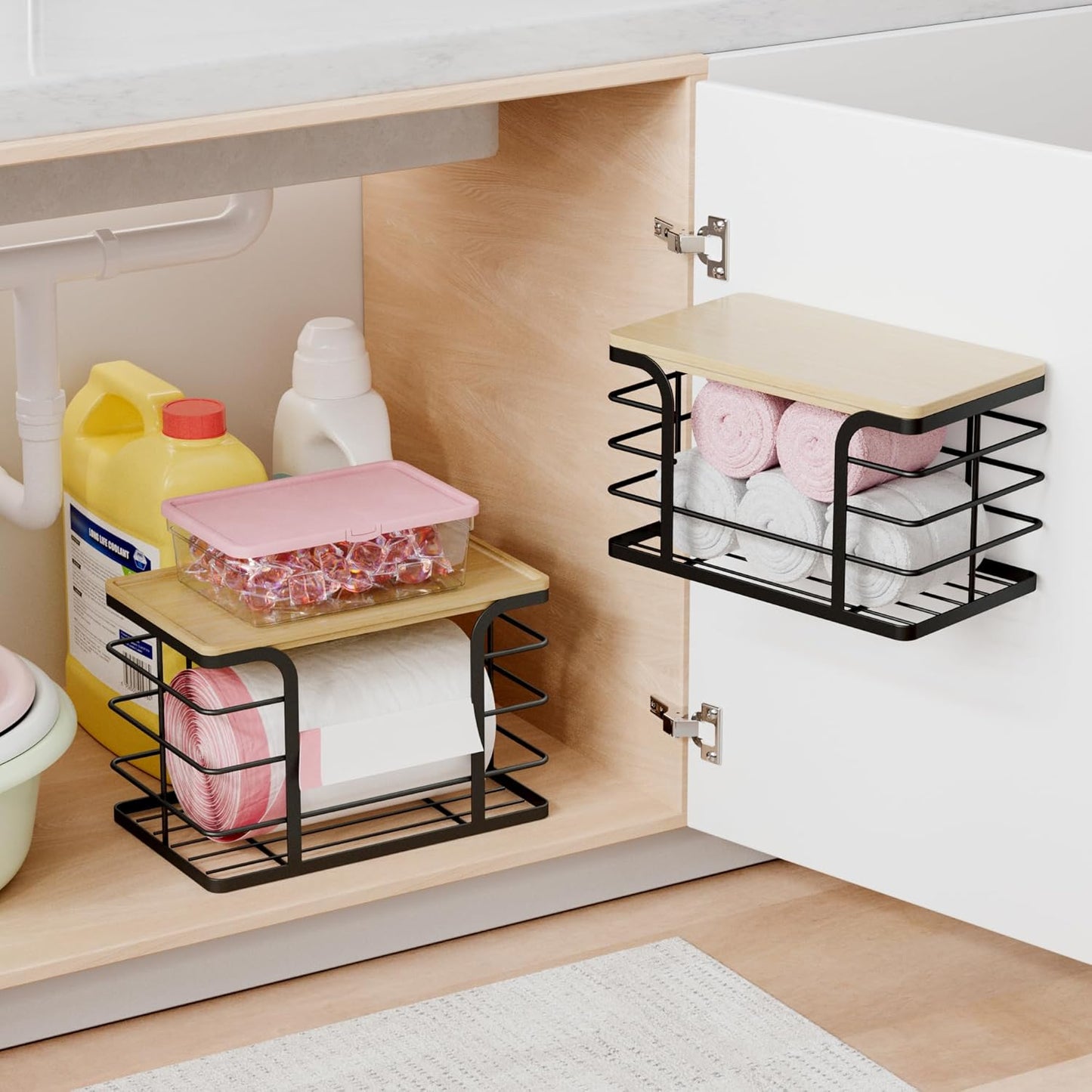 2 Pack Stackable Storage for Kitchen Laundry Pantry Organizers,Trash Bag Holder with Bamboo Top,Wall Mount Garbage Bag Dispenser,Black Large and Small