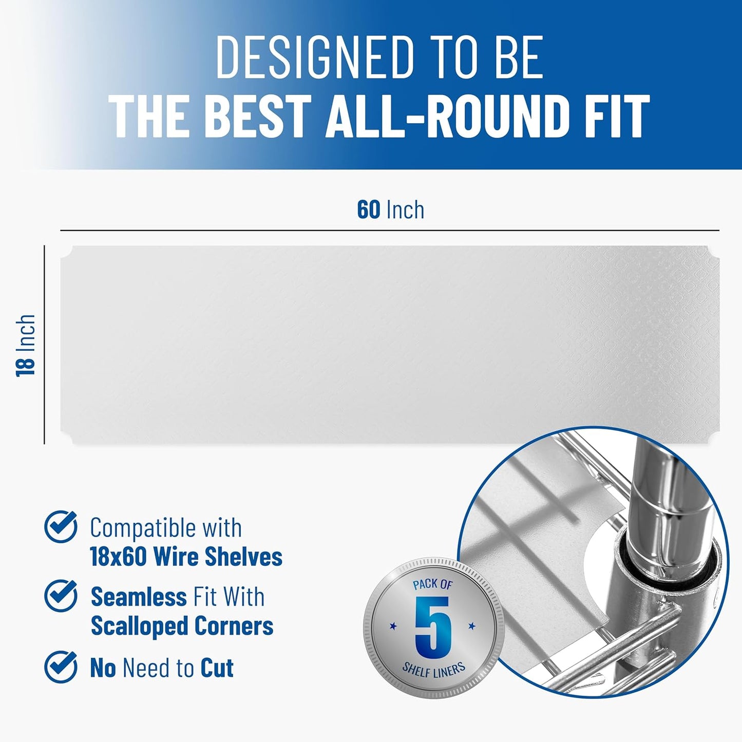 Shelf Liners for Wire Shelf System: Set of 5 in Clear: 18 x 60 inch: Plastic Wire Shelving Shelf Mats