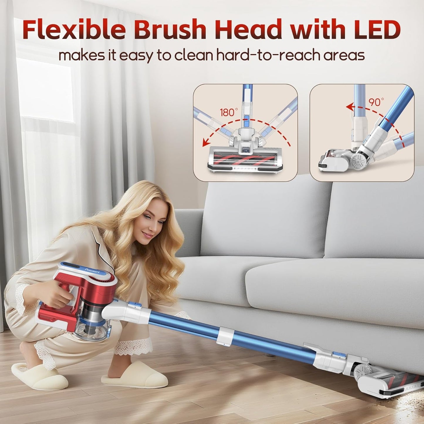 Cordless Vacuum Cleaner for Home, 45Kpa Lightweight Stick Vacuum with Powerful Suction, Rechargeable Battery Up to 50mins, Handheld Vacuum Cleaners for Hardwood Floors, Carpets, Pet Hair - Red