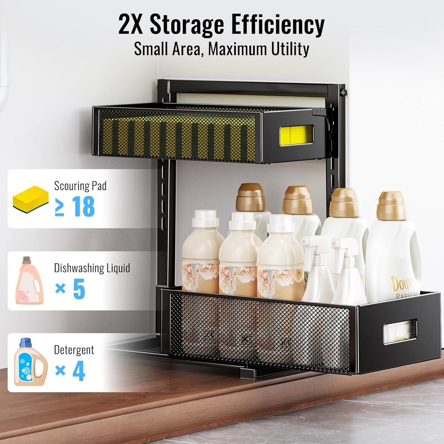 2 Pack Under Sink Organizer and Storage, Metal Under Kitchen Sink Organizer, Slide Out Bathroom Organizers and Storage, Undersink Organizers for Kitchen Bathroom Cabinet