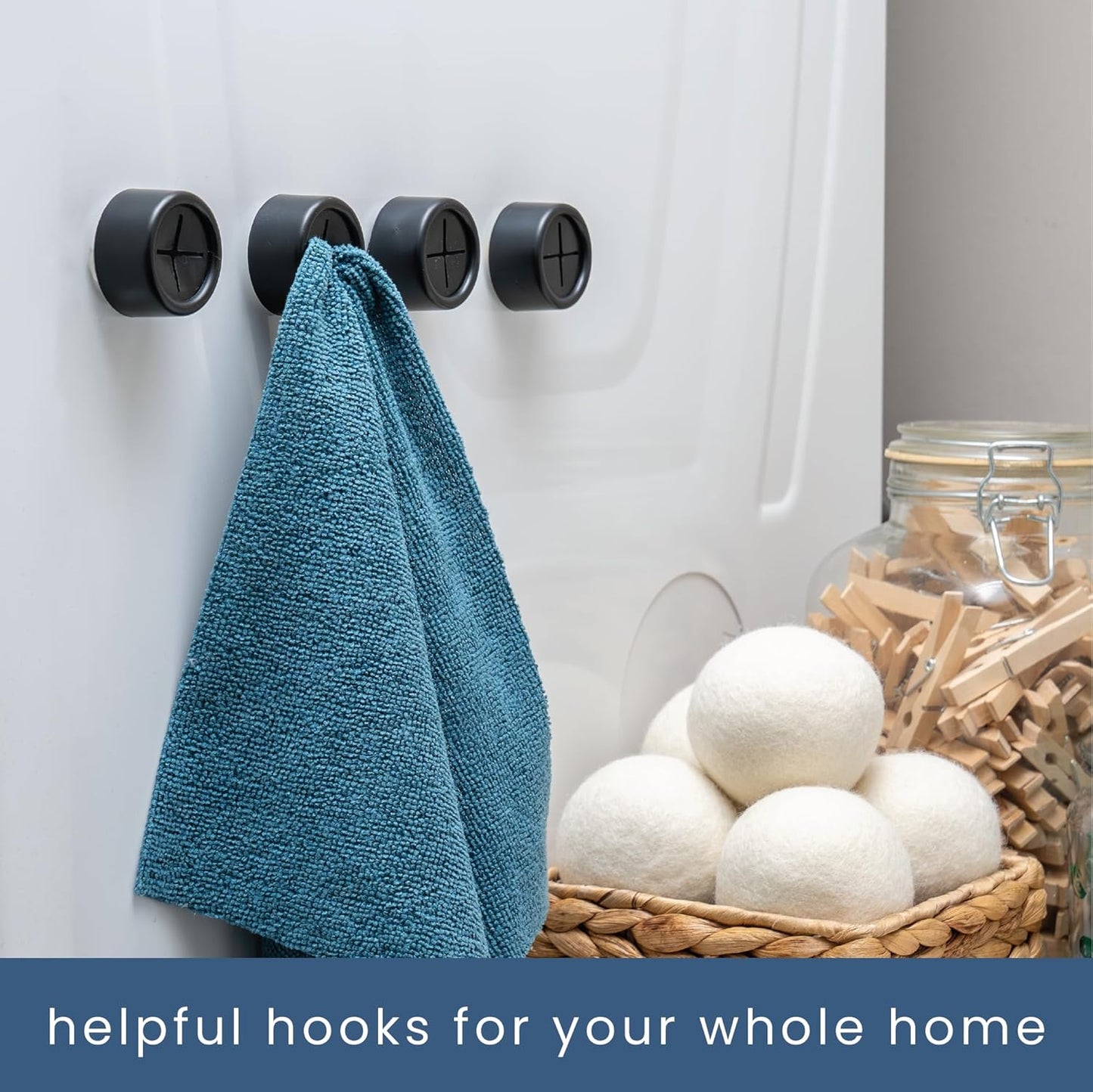 S&T INC. Round Adhesive Push Towel Hooks for Kitchen, Hand and Dish Towels, Matte Black, 4 Pack