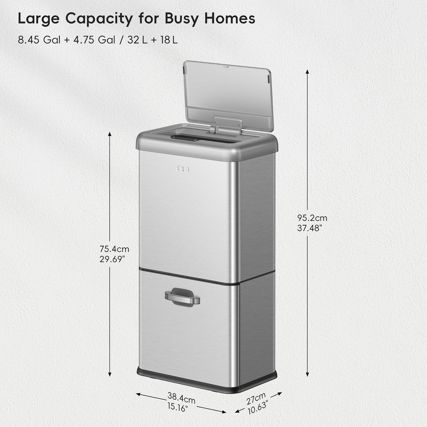 EKO Vintage 50L / 13.2 Gallon Motion Sensor Trash Can, Dual Compartment 32L + 18L Stainless Steel Kitchen Garbage Bin, Touchless Automatic Waste & Recycling Bin with Lid for Home or Office
