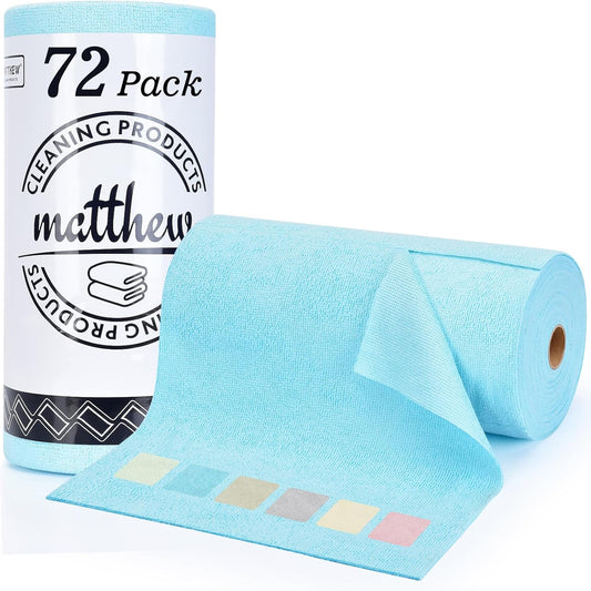 Matthew Microfiber Cleaning Cloth Roll 72Pack (12" x 12") Reusable Paper Towels&Washable Tear Away Towels,Ultra Water Absorbent Lint&Streak Free Cleaning Rags for Glass,Dishwash,Bathroom,Cars-Blue