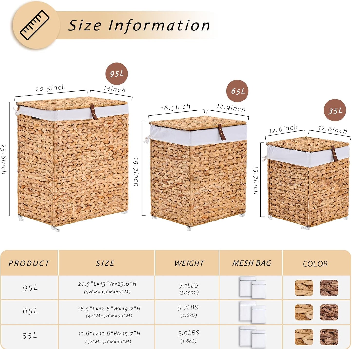 Handwoven Laundry Basket with Lid, Natural Water Hyacinth Storage Basket with Handle, Removable Cotton Liner, Durable and Stylish for Bedroom, Bathroom, Laundry Room