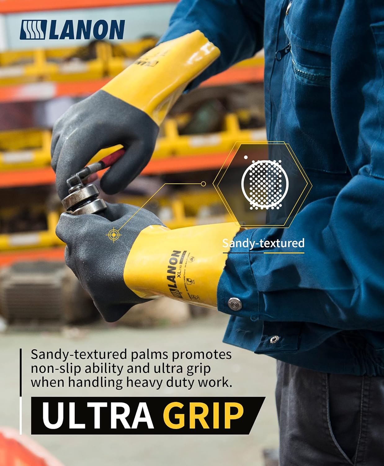 LANON PVC Chemical Gloves, Thick Rubber Work Gloves, Heavy-Duty, EN 374/388, Acid, Alkali and Oil, Non-Slip, XL