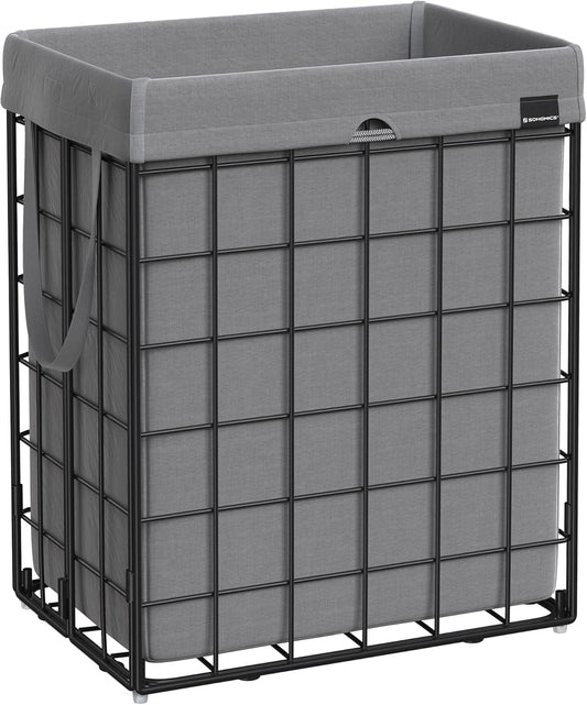 SONGMICS Laundry Hamper, 23.8 Gal. (90L) Laundry Basket, Collapsible Clothes Hamper, Removable and Washable Liner, Metal Wire Frame, for Bedroom Bathroom, Black and Gray ULCB190G01