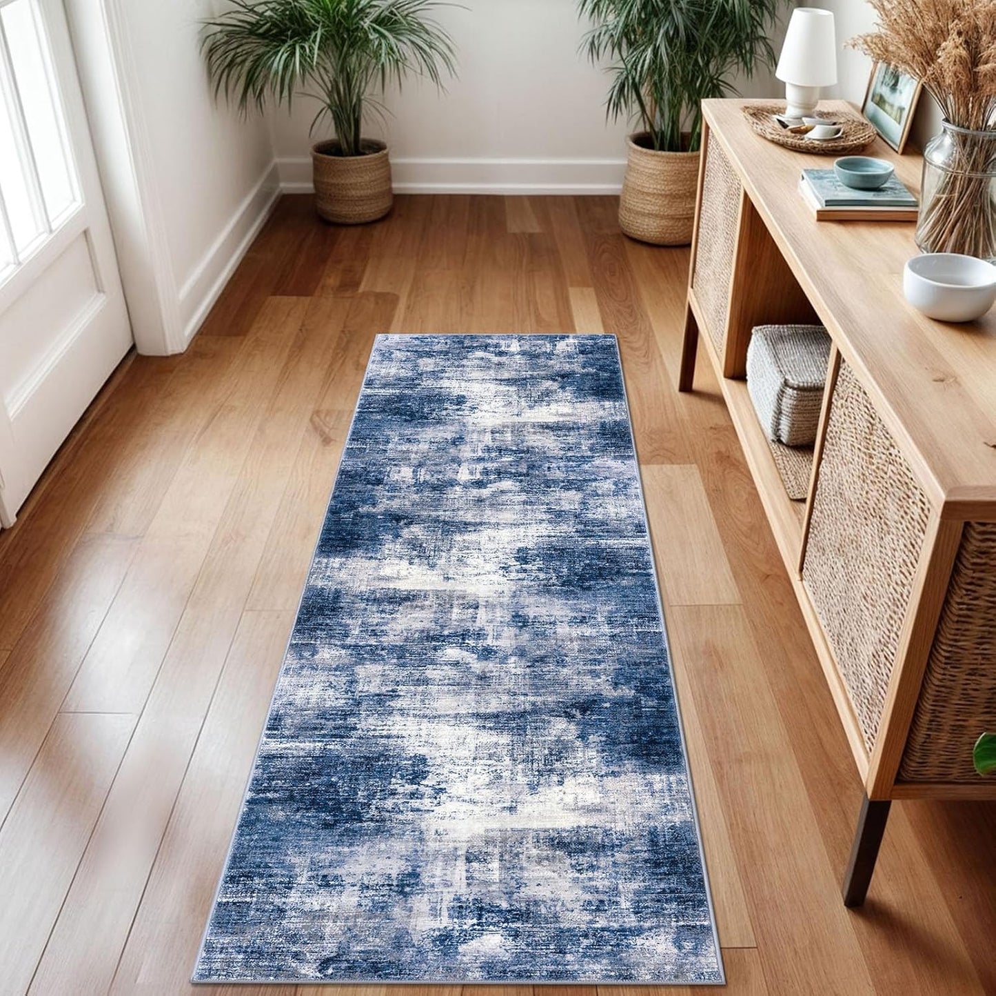 IOHOUZE Abstract Runner Rug 2x7 Ft Washable Runners for Hallways, Non Slip Kitchen Runner Printed Faux Wool Entryway Runners Indoor, Modern Abstract Floor Carpet for Hall Kitchen Bedroom, Navy/Grey