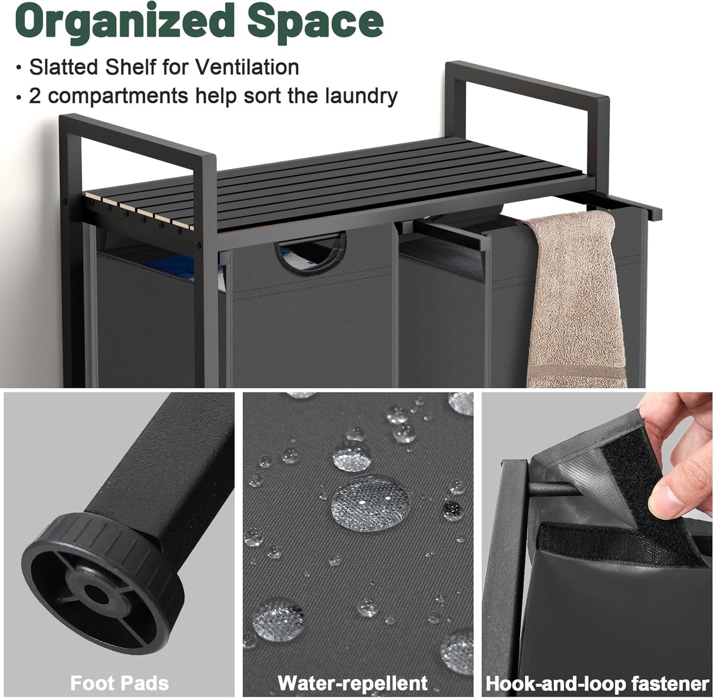 Laundry Hamper, Laundry Sorter with 2 Pull-Out Removable Oxford Fabric Bags Cloth Laundry Basket 2 x 10 Gallons (Grey and Charcoal Black)