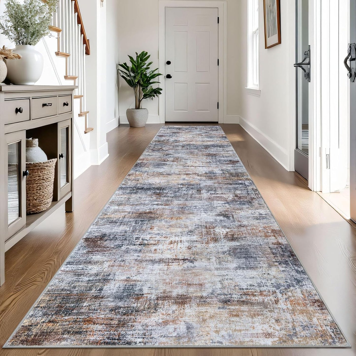 IOHOUZE Abstract Runner Rug 3x14 Ft Washable Runners for Hallways, Non Slip Kitchen Runner Printed Faux Wool Entryway Runner Indoor, Modern Abstract Floor Carpet for Hall Stair, Orange Grey