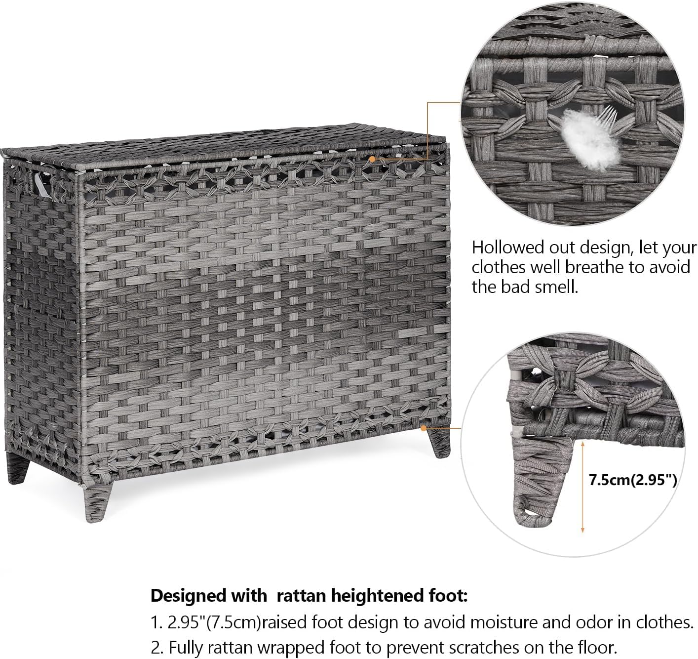 Laundry Hamper with 4 Removable Liner Bags; 176L Handwoven Rattan Laundry Basket with Lid & Heightened Feet; Clothes Hamper with Side Handles(Gray)